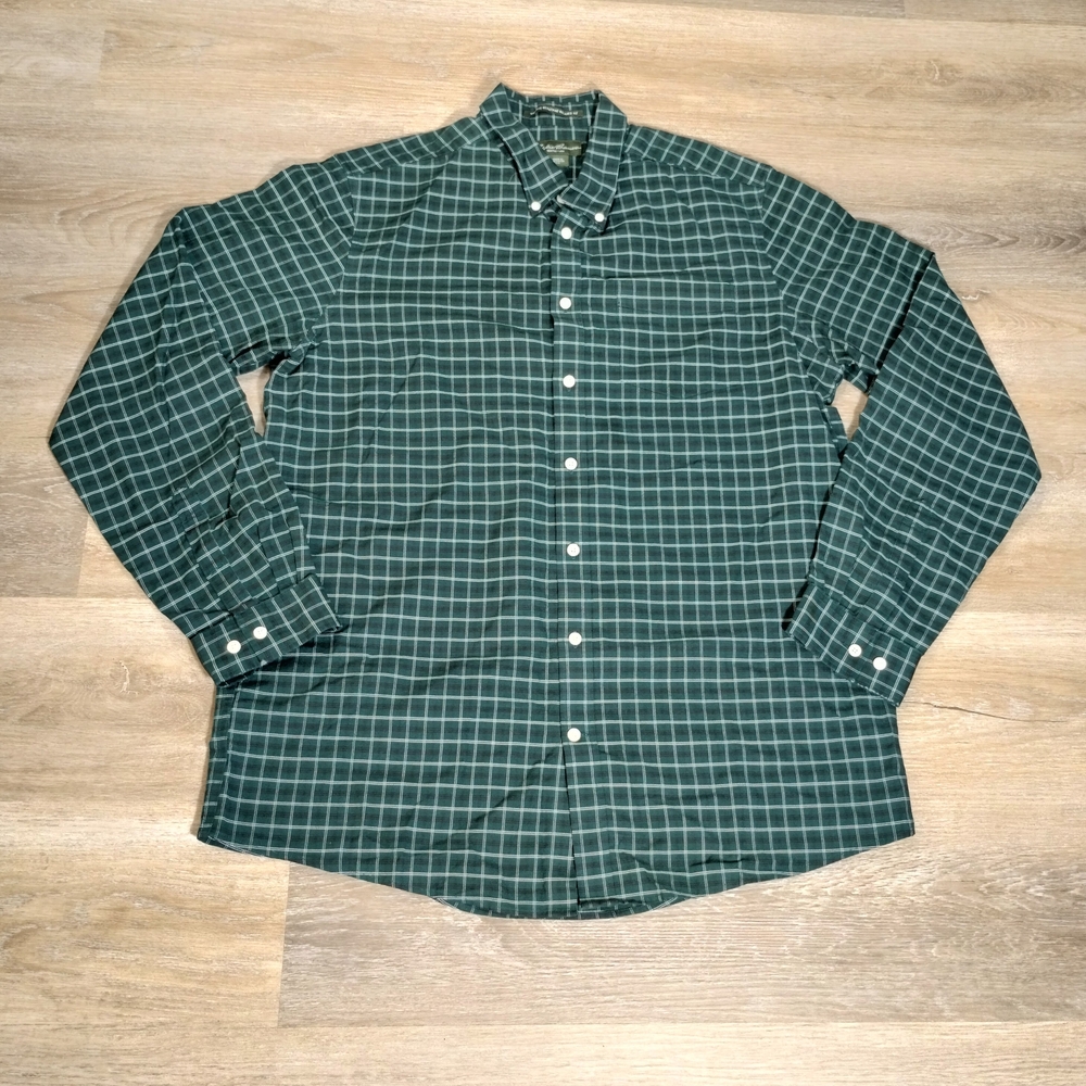 Eddie Bauer Wrinkle Resistant Relaxed Fit Casual Button Down TXL Green Plaid